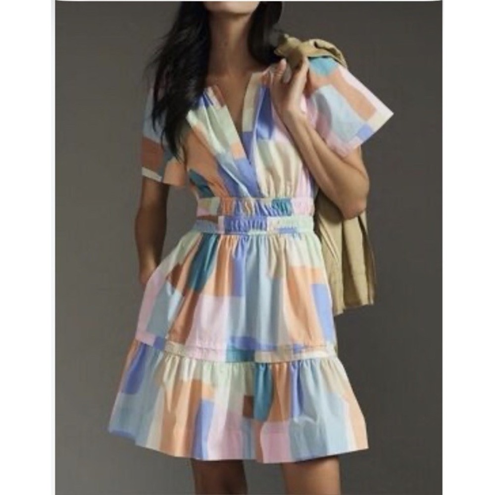 Anthropologie || Somerset Pastel Color Block Mini Dress Small 100% Cotton